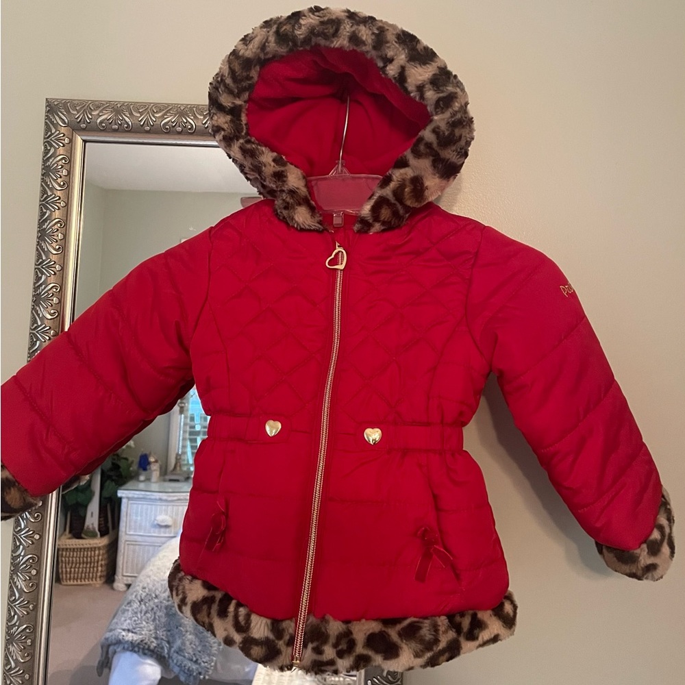 Gorgeous, red, winter coat with leopard, fur trim.